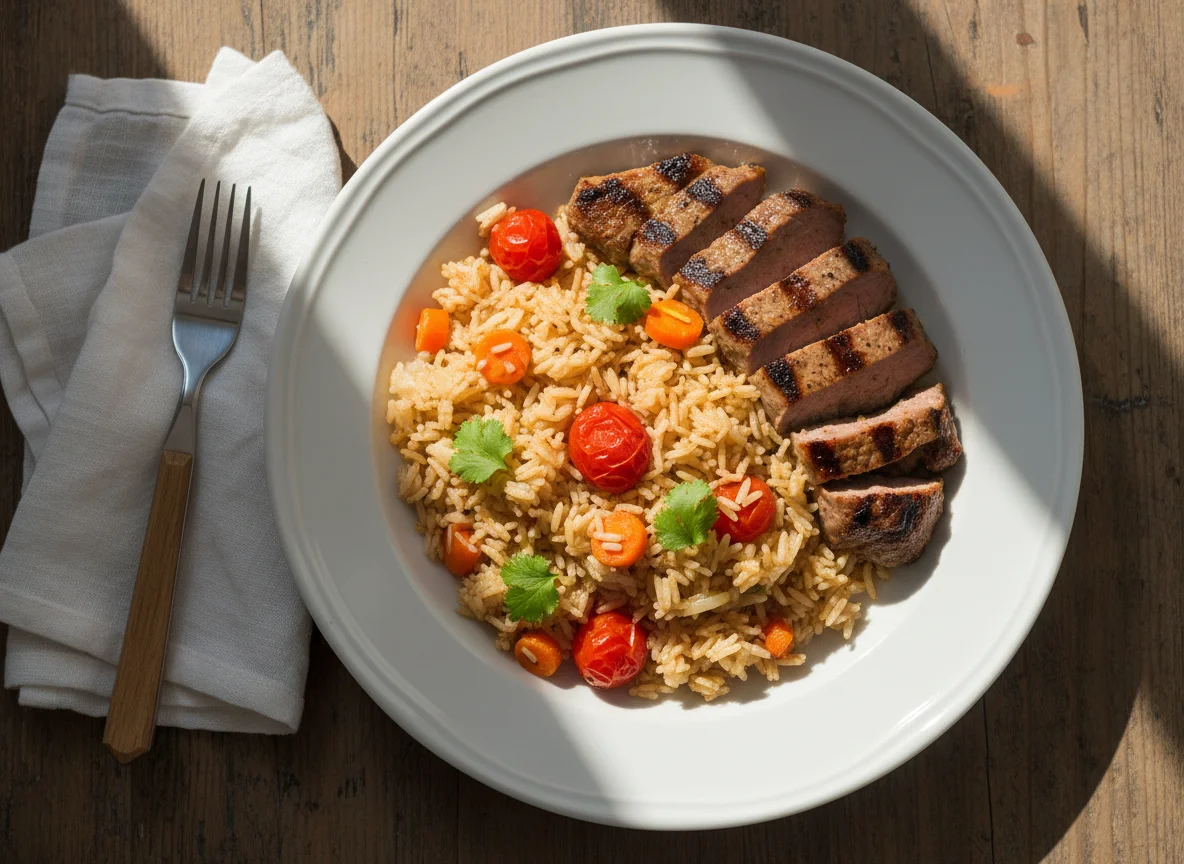 Arroz con carne a la parrilla photo