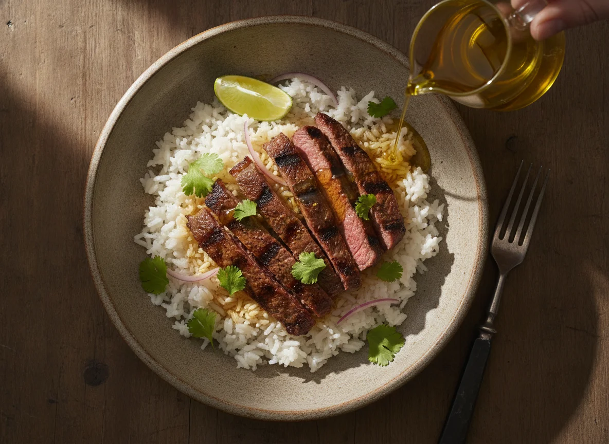 Arroz con carne asada photo