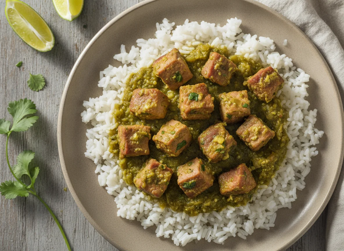 Arroz con carne de cerdo en salsa verde photo
