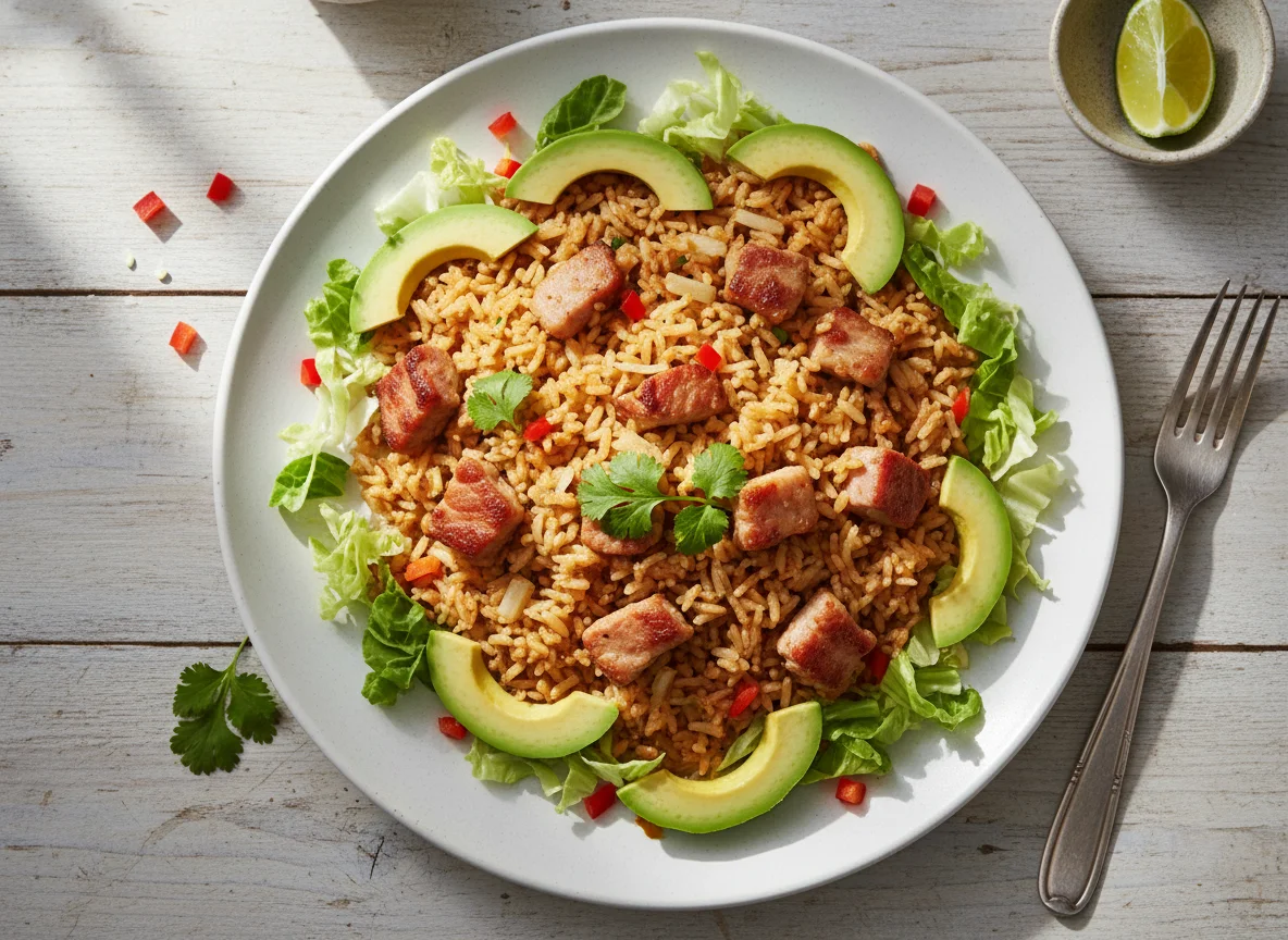 Arroz con carne de cerdo y aguacate photo