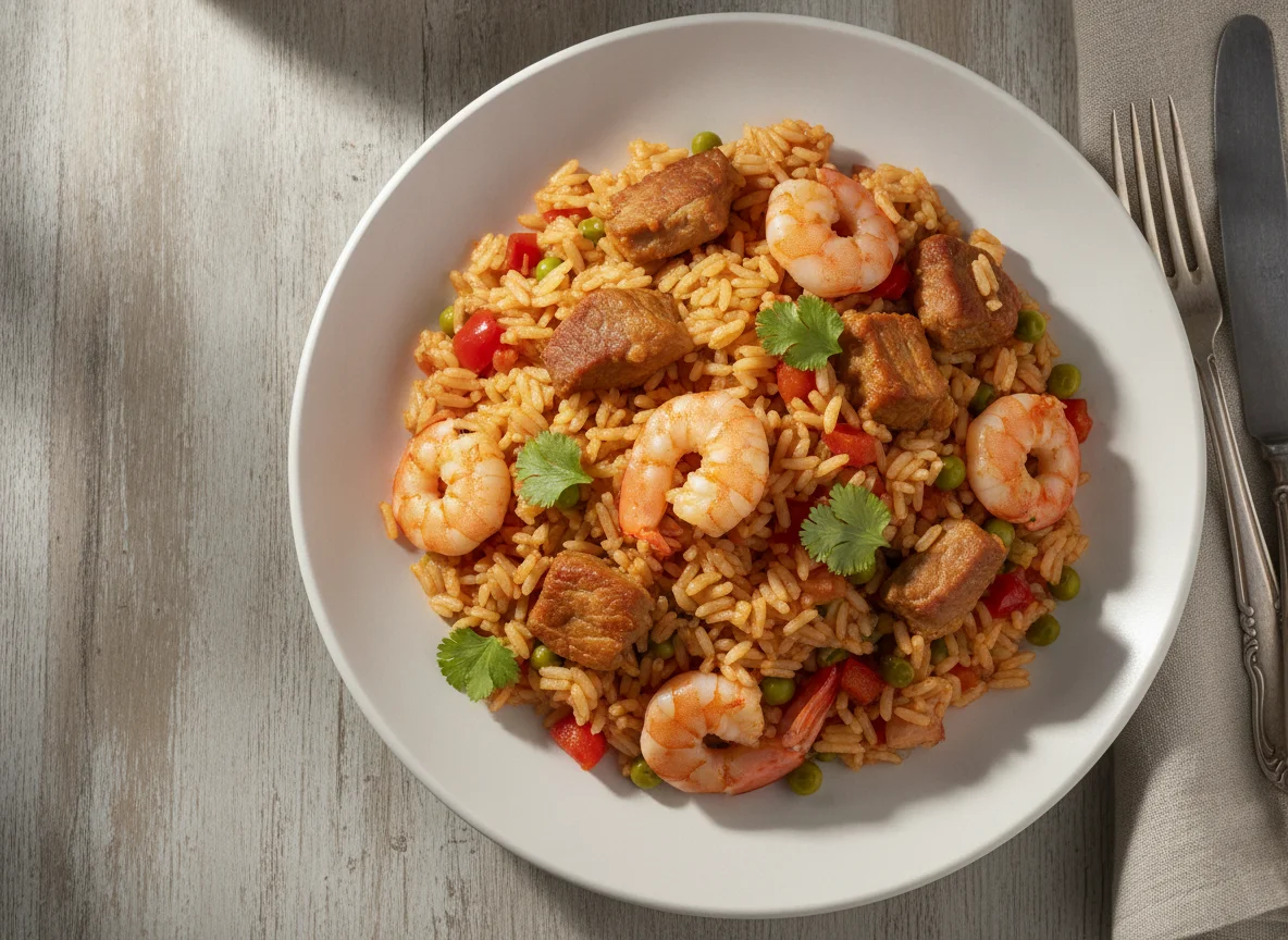Arroz con carne de cerdo y camarones photo