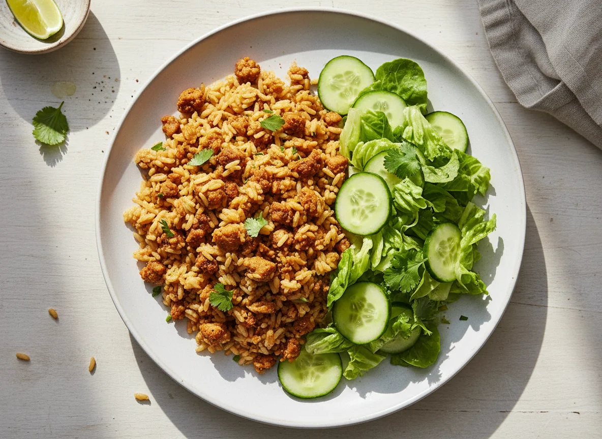 Arroz con carne de soja y ensalada photo