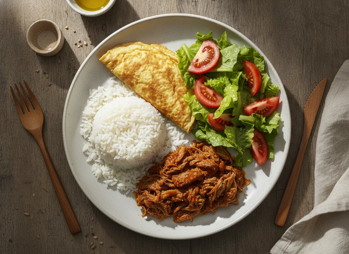 Arroz con carne desmechada, tortilla y ensalada photo