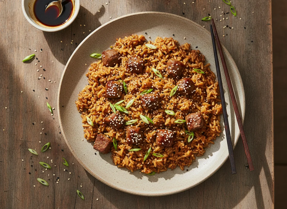 Arroz con carne estilo oriental photo