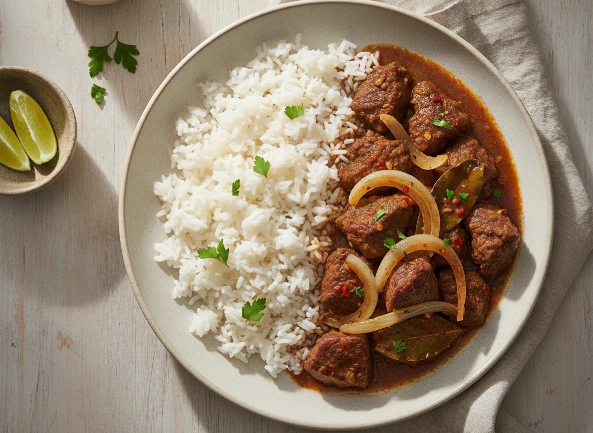 Arroz con carne estofada y cebolla photo