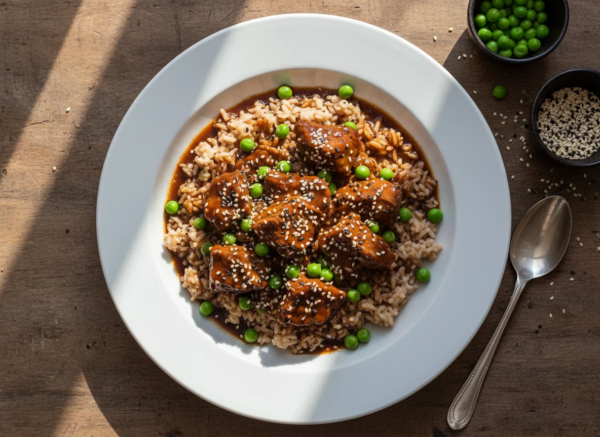 Arroz con carne estofada y sésamo photo