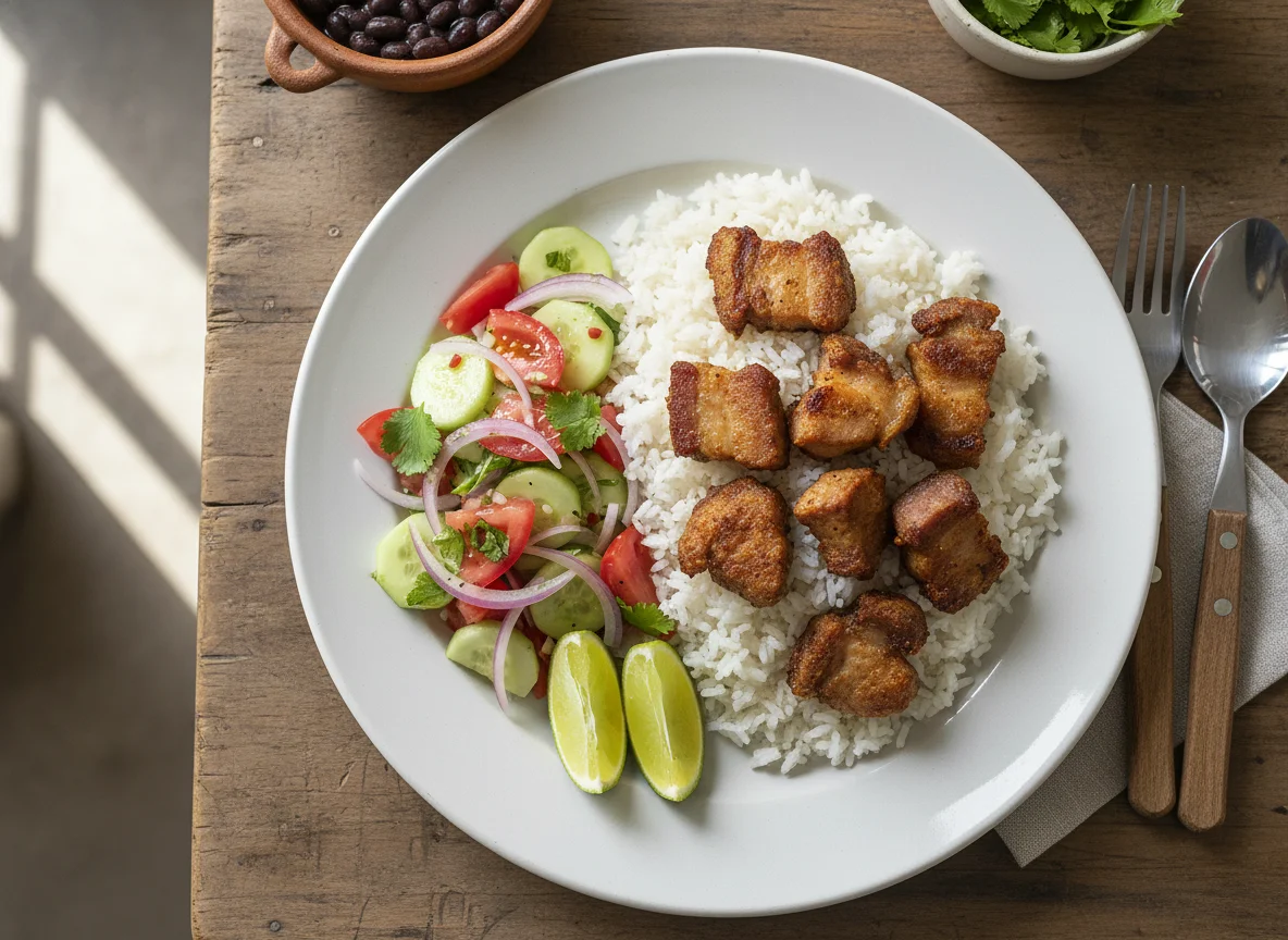 Arroz con carne frita y ensalada de pepino y tomate photo