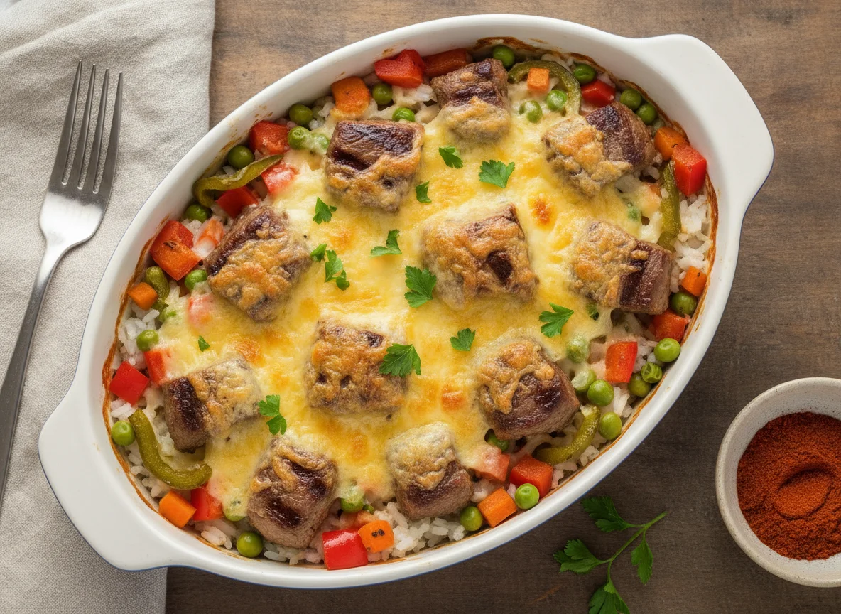 Arroz con carne gratinada y vegetales salteados photo