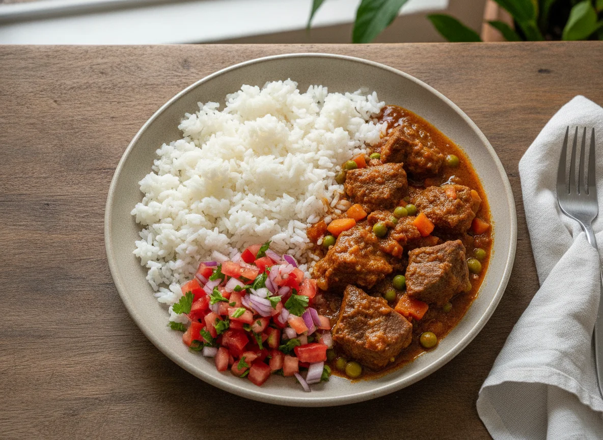 Arroz con carne guisada y ensalada picada photo