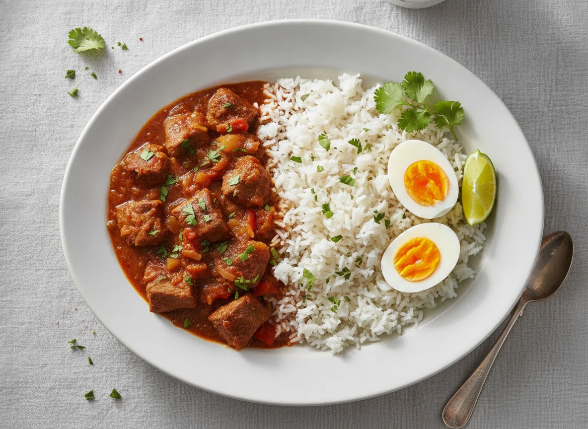 Arroz con carne guisada y huevos duros photo