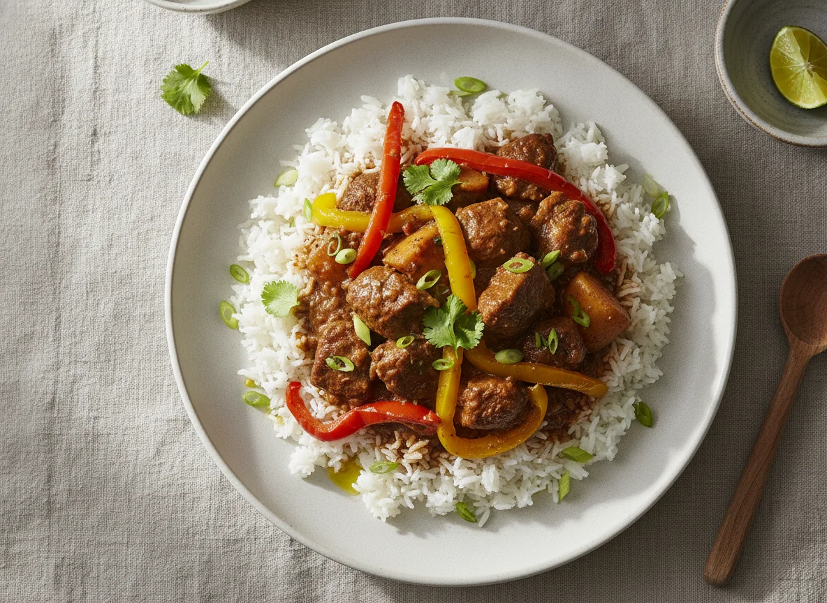 Arroz con carne guisada y pimientos photo