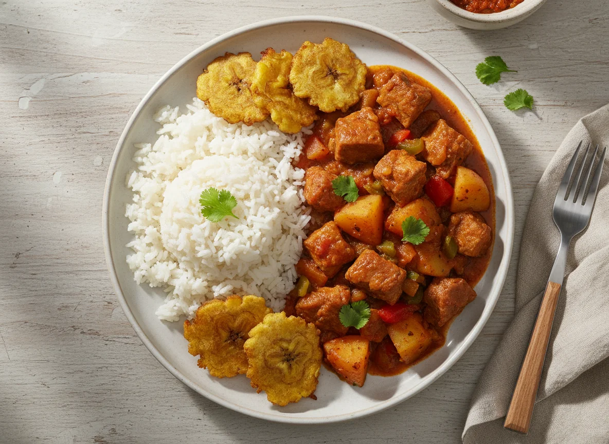 Arroz con carne guisada y plátano frito photo