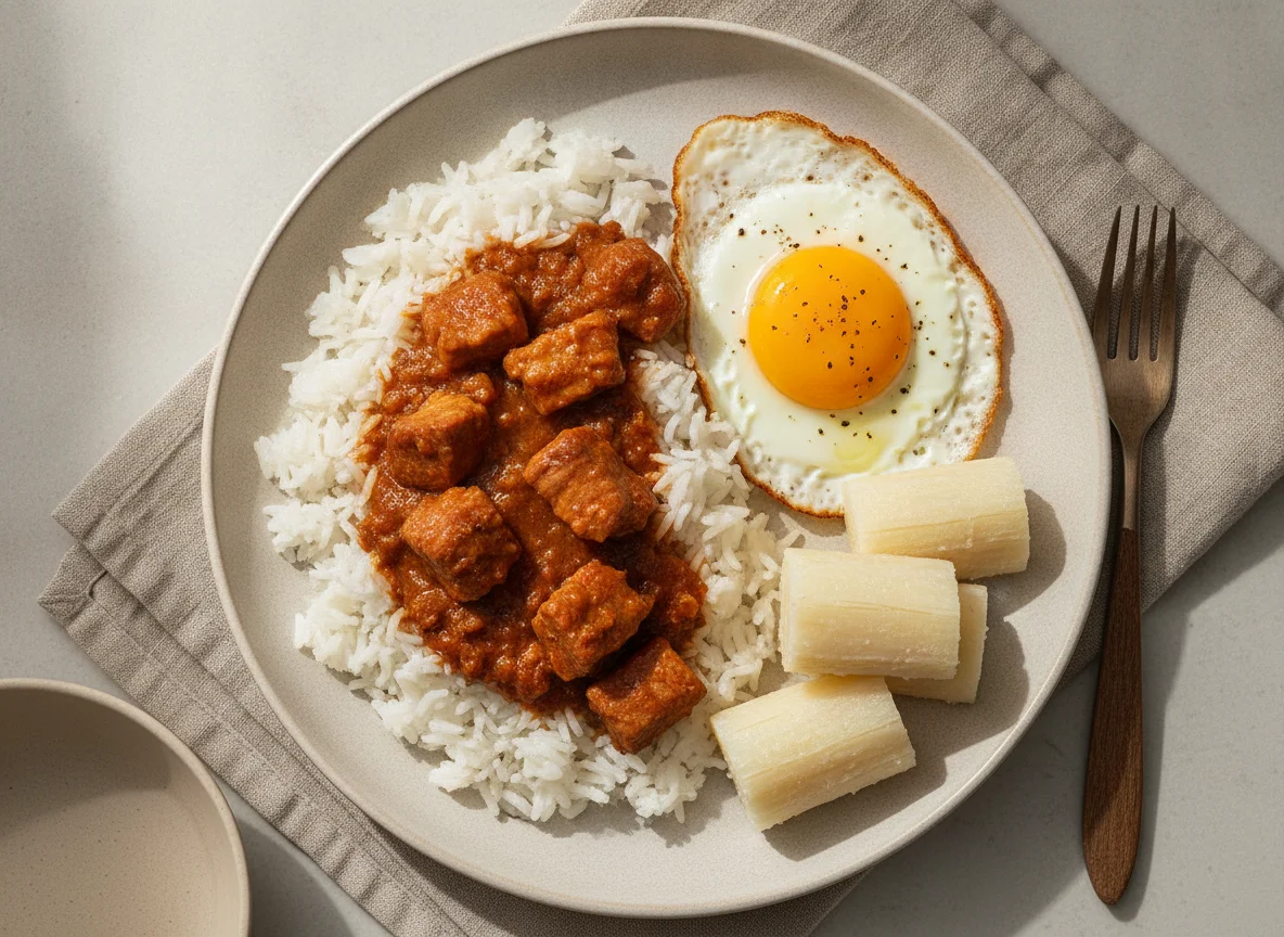 Arroz con carne, huevo frito y yuca photo