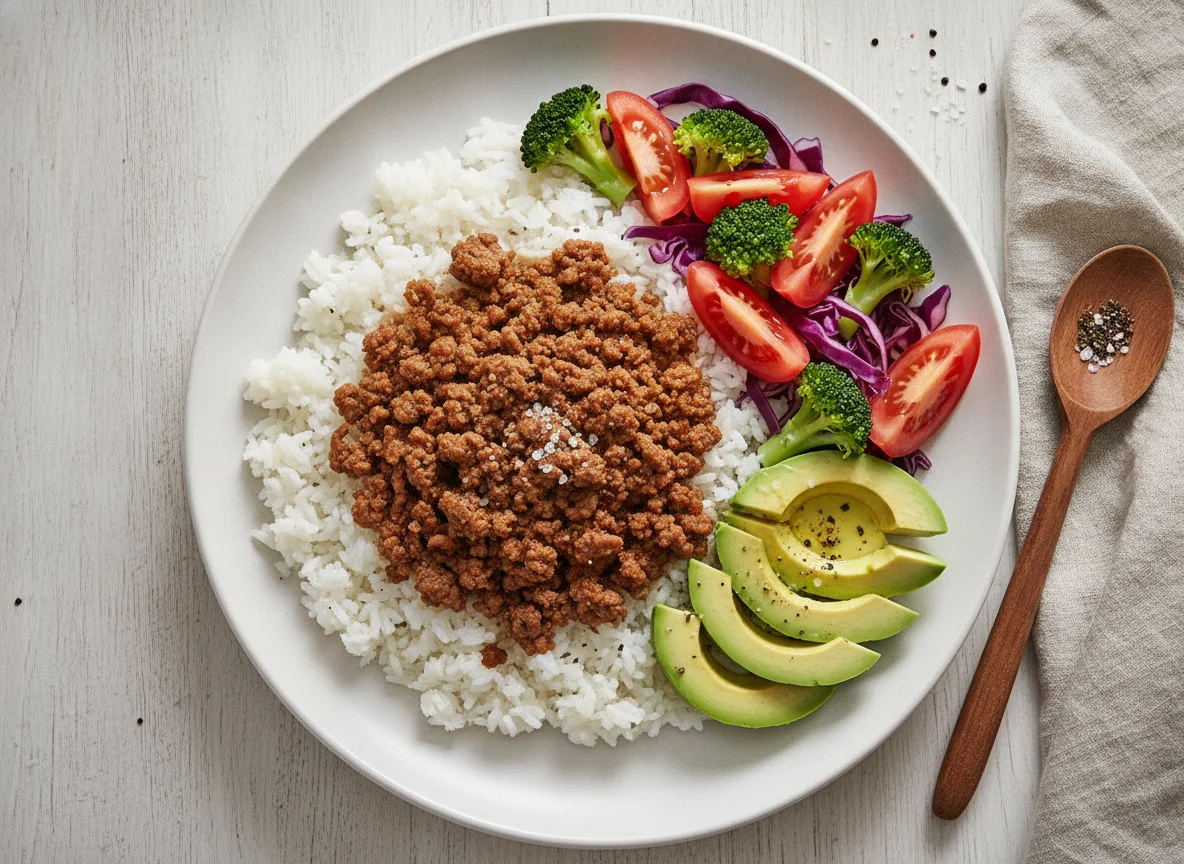 Arroz con carne molida, brócoli, tomate, repollo morado y palta photo