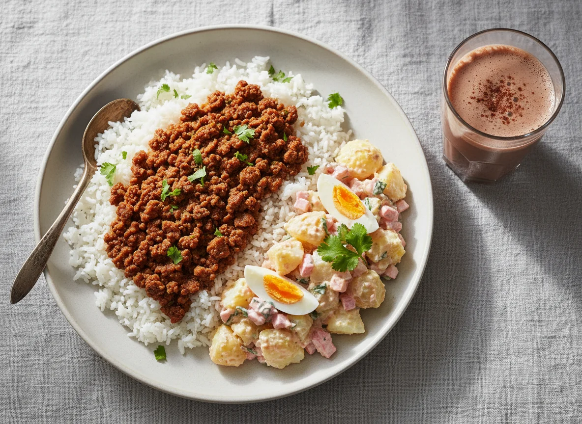 Arroz con carne molida, ensalada de papa y huevo cocido photo