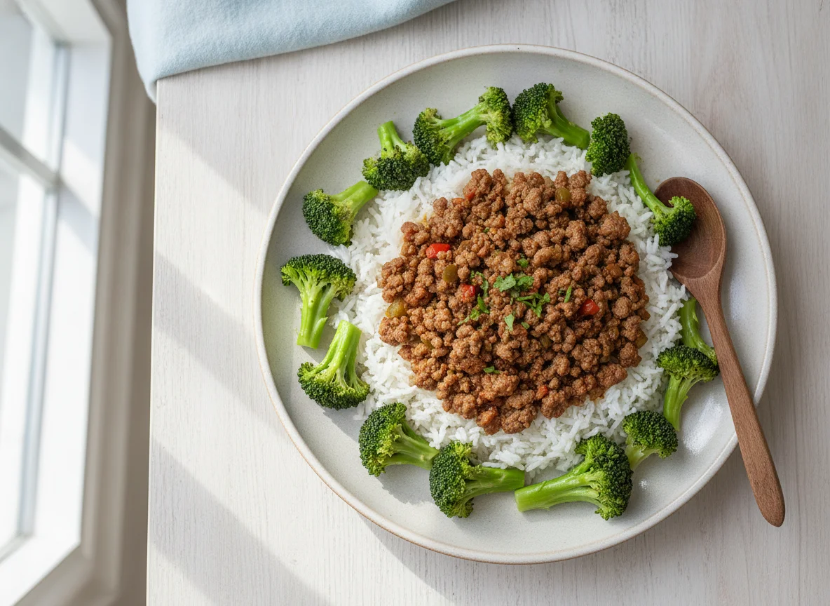 Arroz con carne molida y brócoli photo