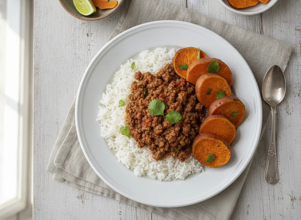 Arroz con carne molida y camote photo