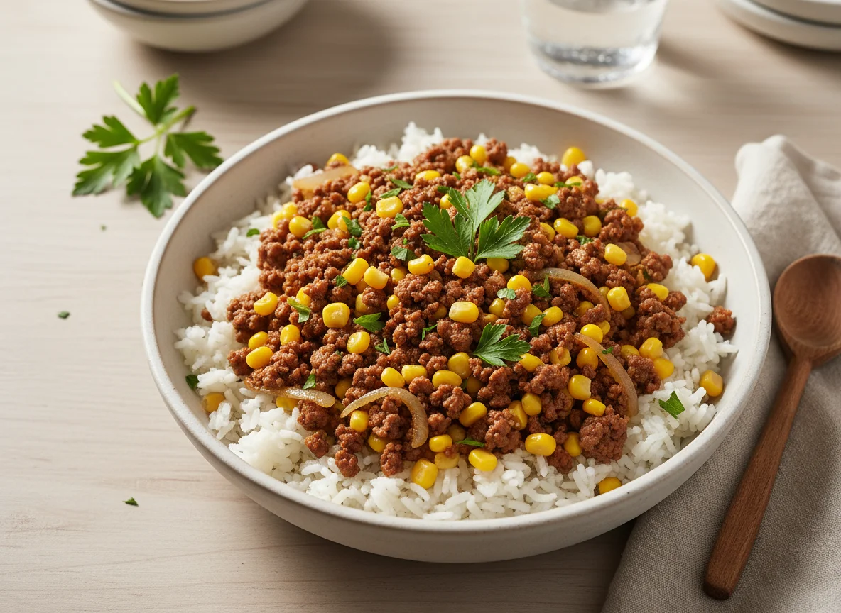 Arroz con carne molida y choclo photo
