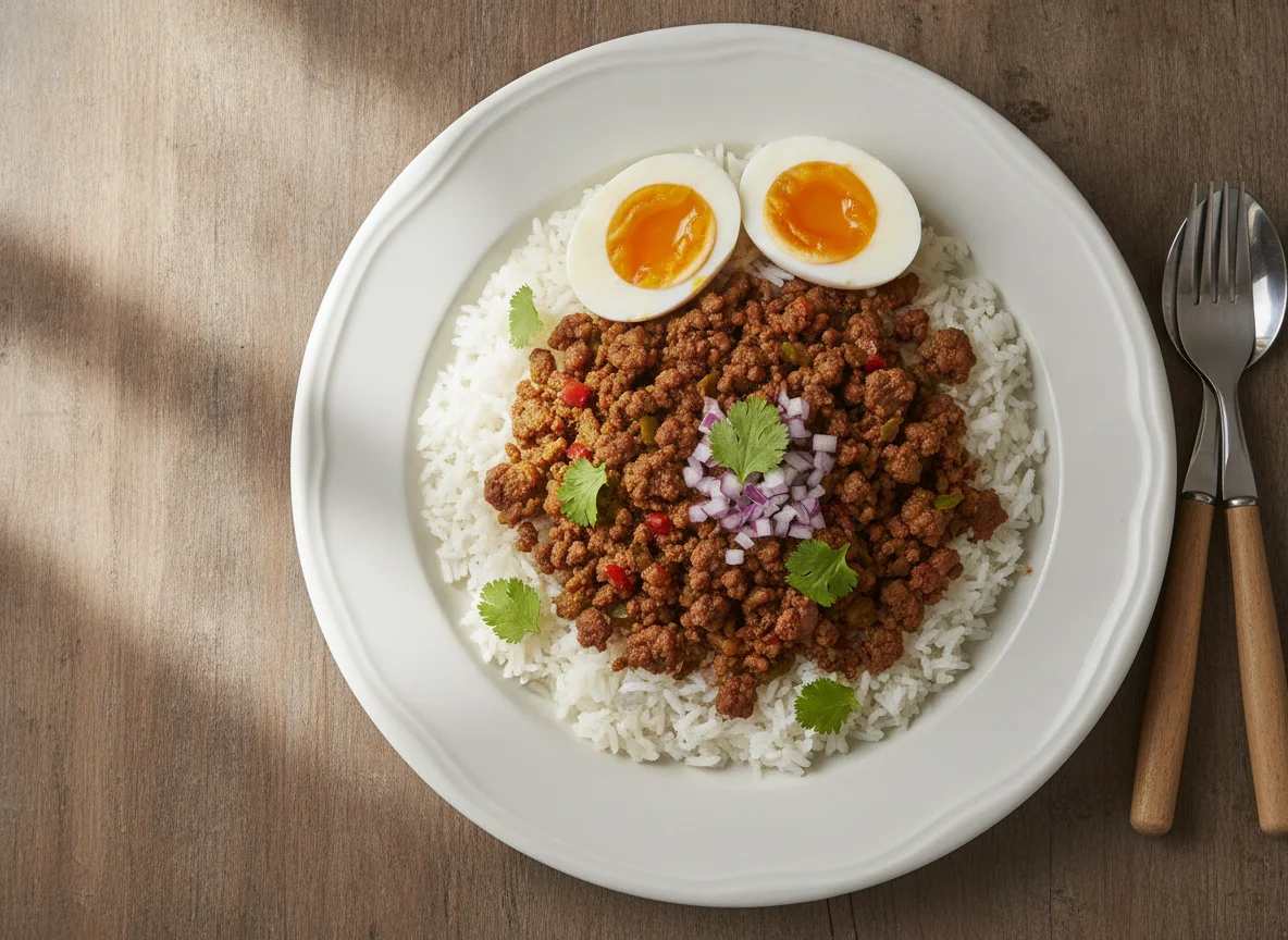 Arroz con carne molida y huevo photo