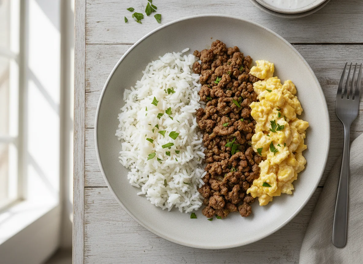Arroz con carne molida y huevo revuelto photo