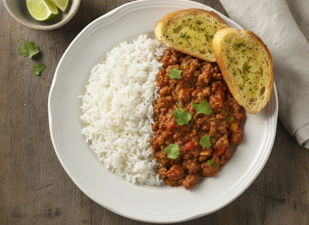 Arroz con carne molida y pan de ajo photo