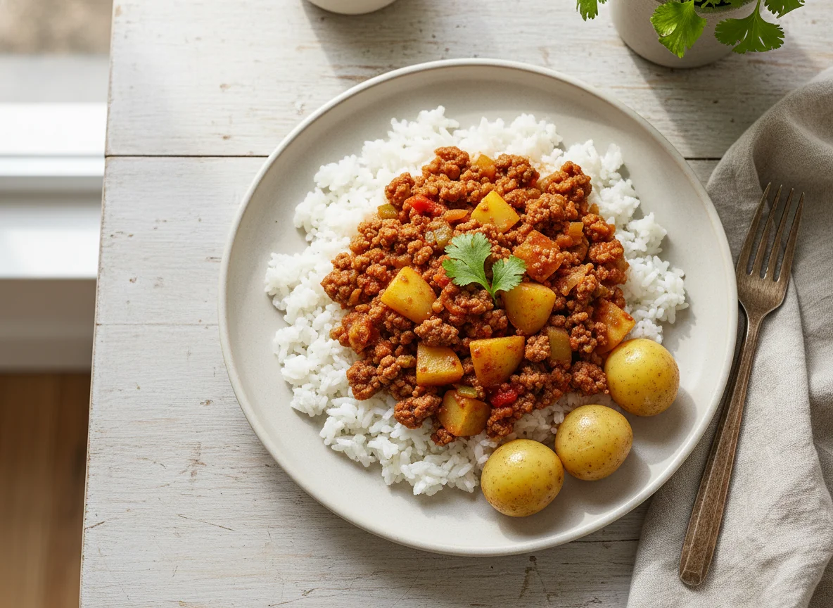 Arroz con carne molida y papas photo