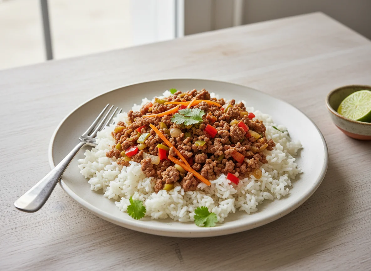 Arroz con carne molida y vegetales photo