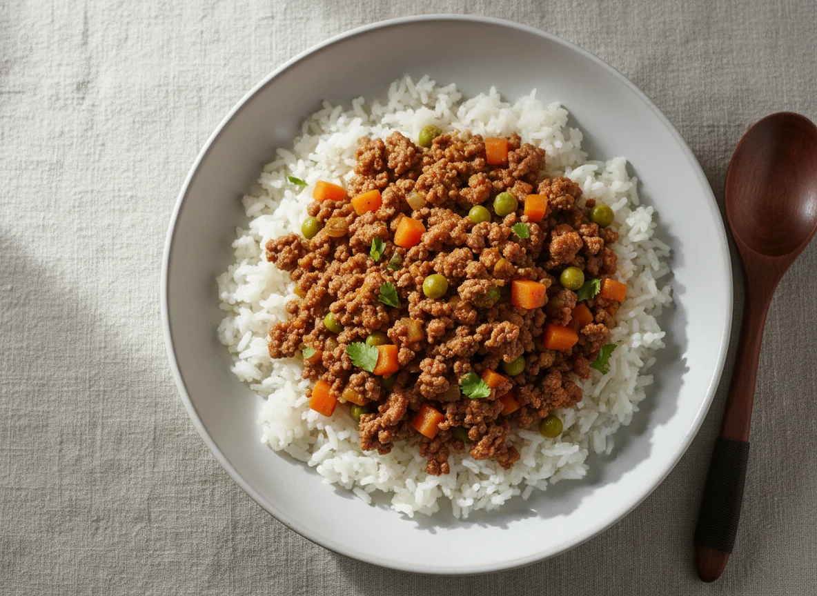 Arroz con carne molida y verduras photo