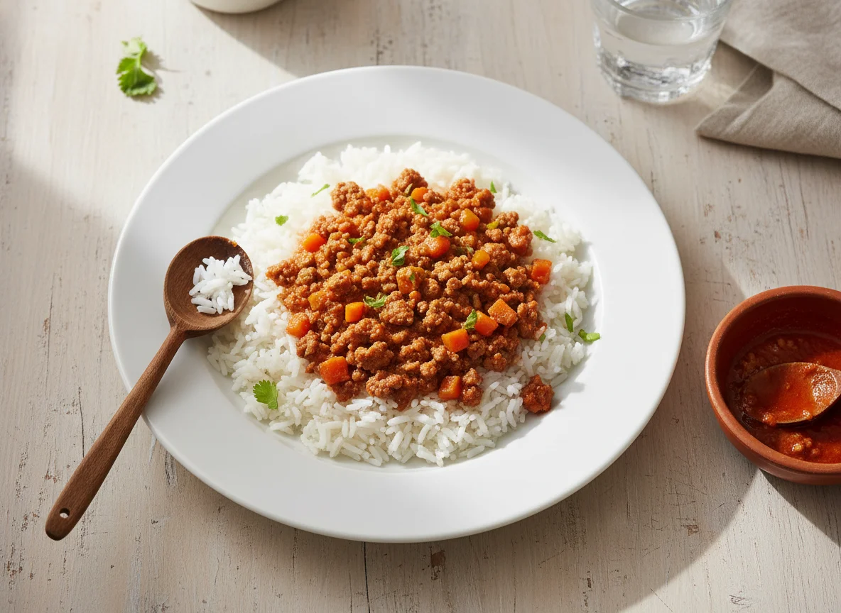 Arroz con carne molida y zanahoria photo