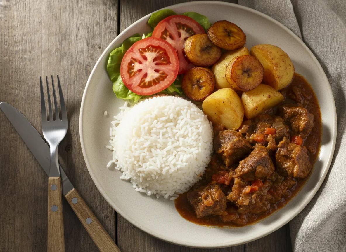 Arroz con carne, papas y ensalada photo