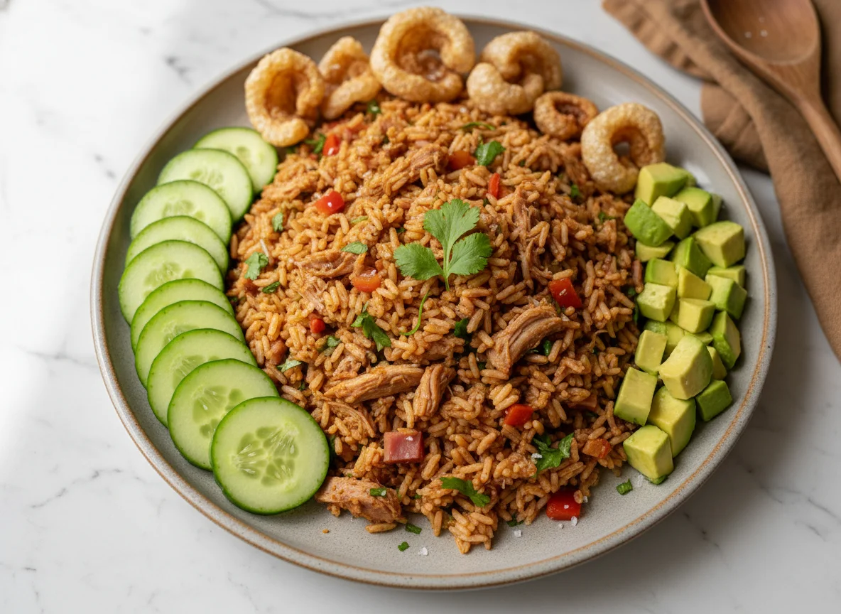 Arroz con carne, pepino y aguacate photo