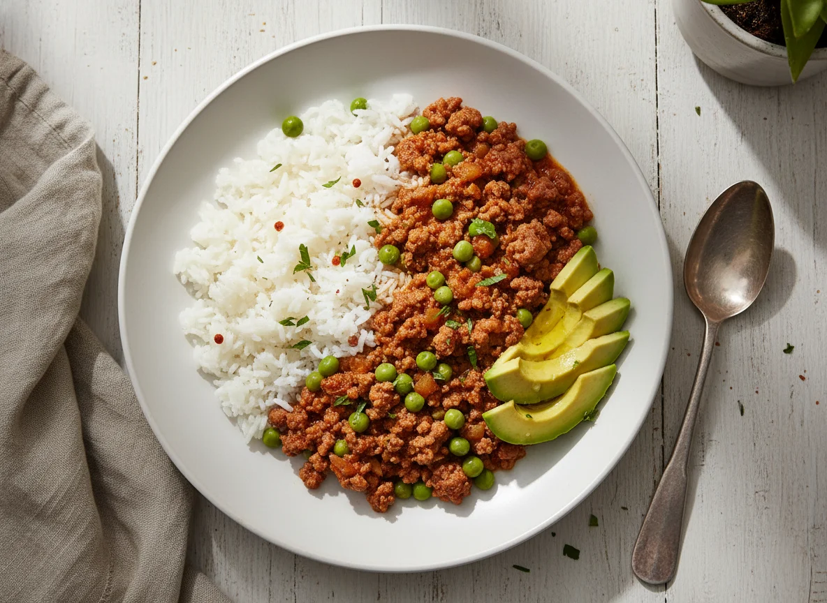 Arroz con carne picada, arvejas y palta photo