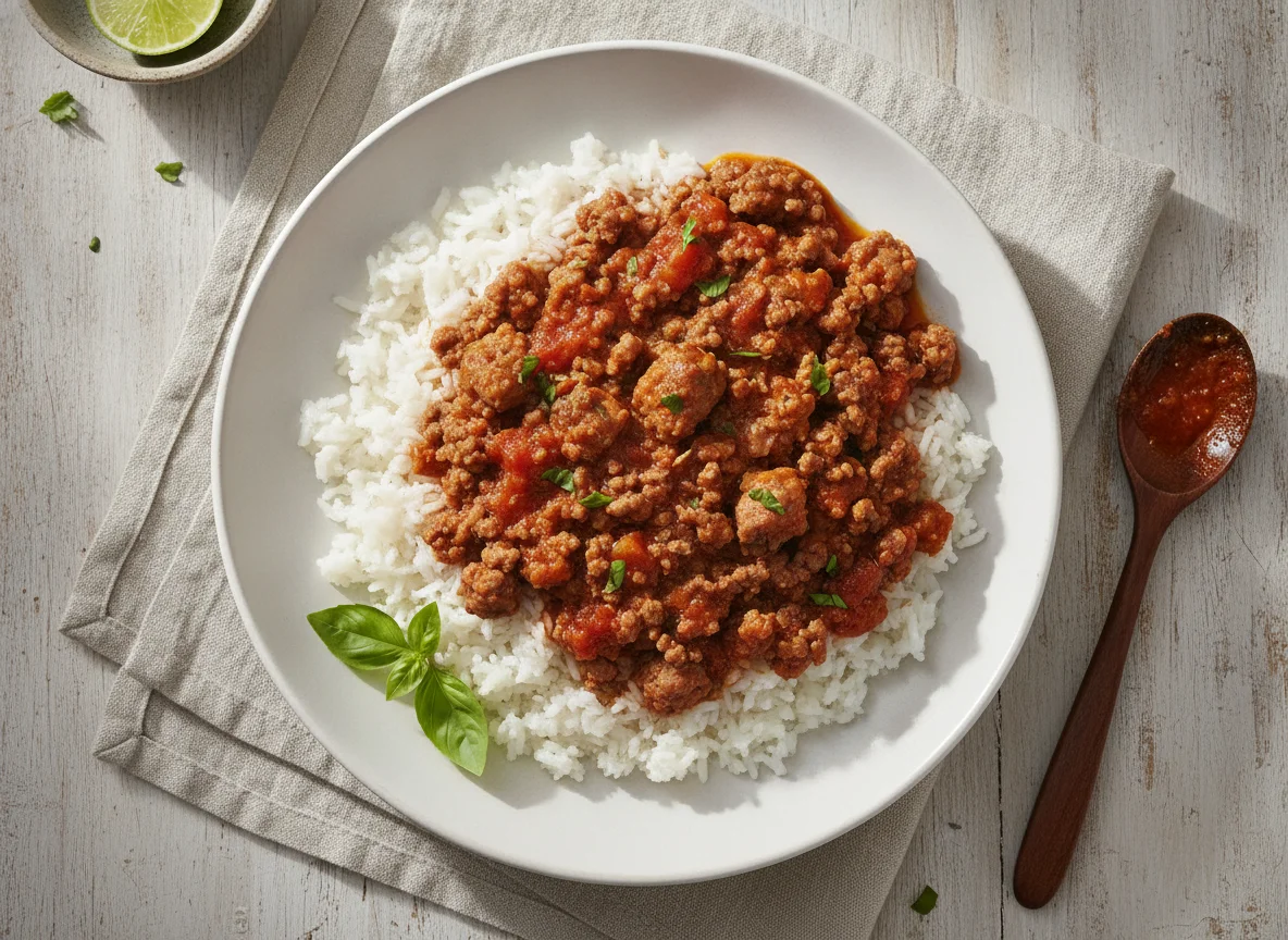 Arroz con carne picada en salsa de tomate photo
