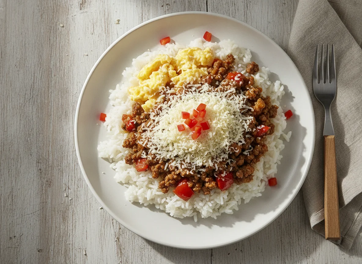 Arroz con carne picada, huevo y queso rallado photo
