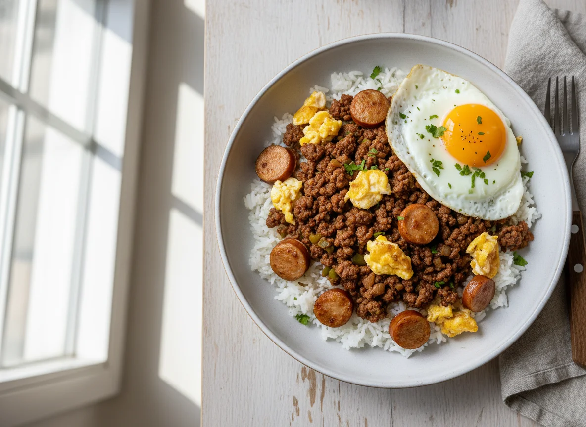 Arroz con carne picada, huevo y salchicha photo