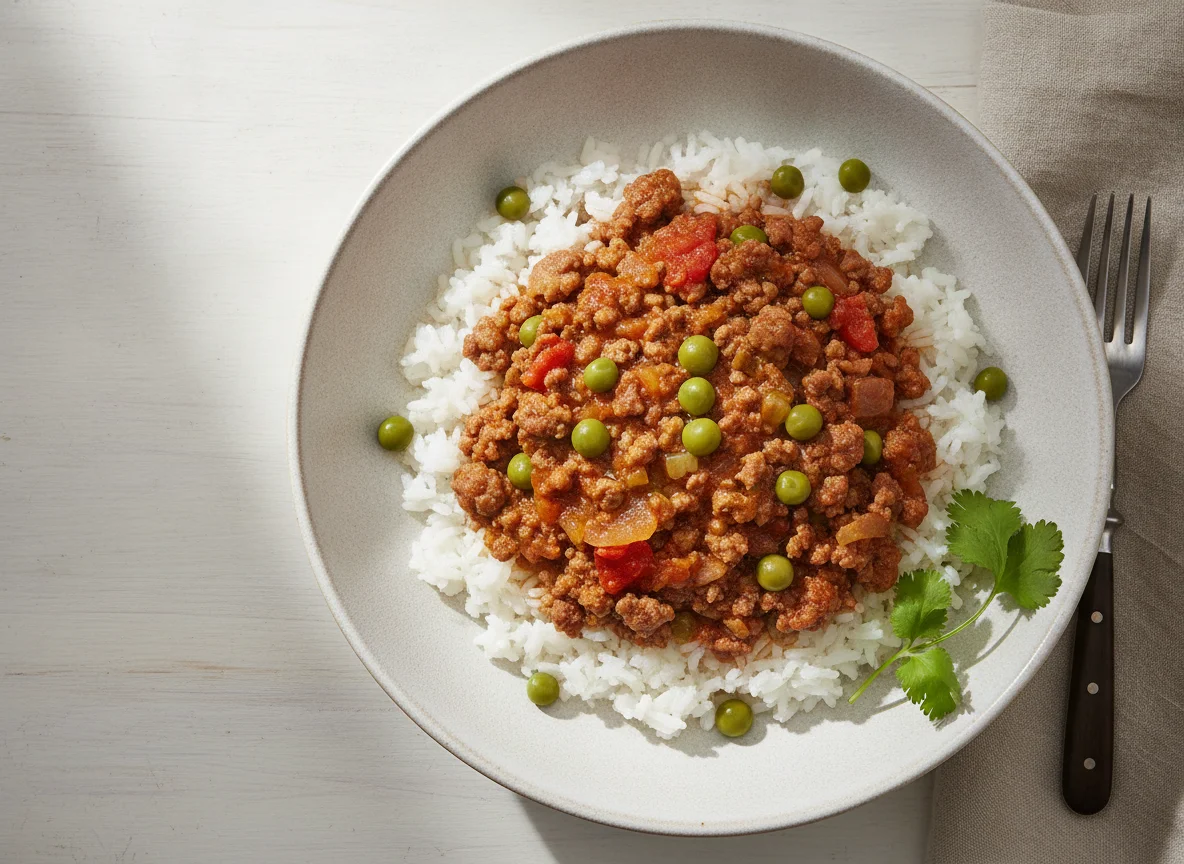 Arroz con carne picada y arvejas photo