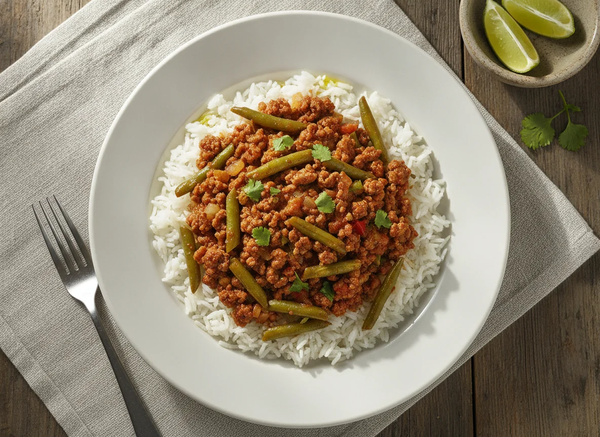 Arroz con carne picada y chauchas photo