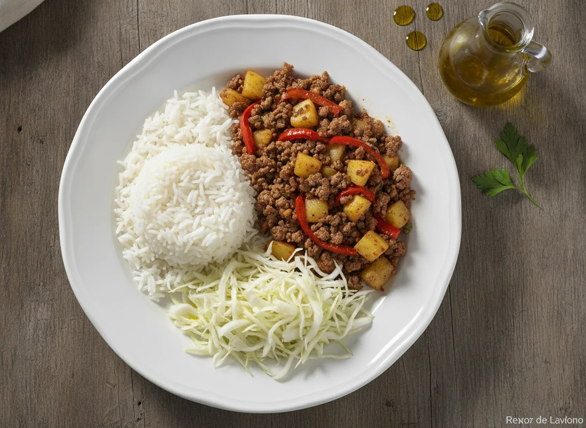 Arroz con carne picada y ensalada de col photo