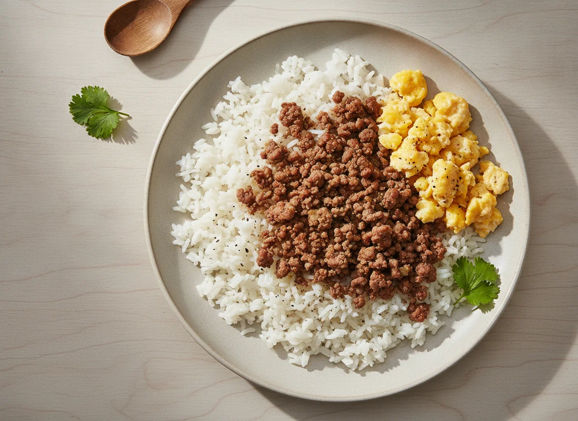 Arroz con carne picada y huevo photo