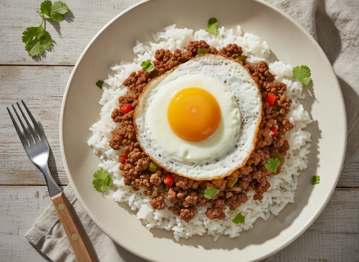 Arroz con carne picada y huevo frito photo