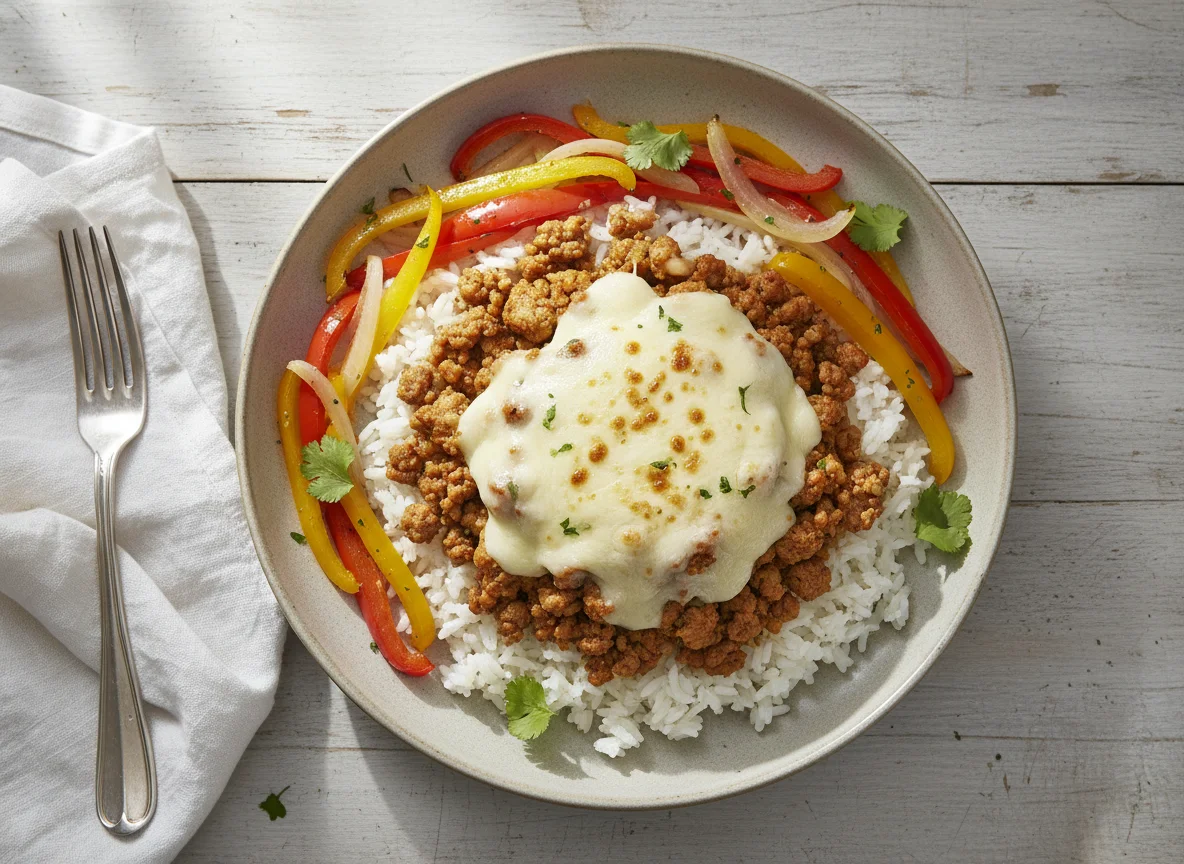 Arroz con carne picada y queso photo