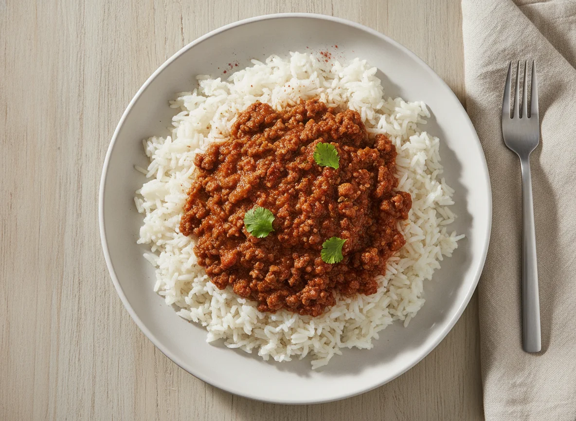 Arroz con carne picada y salsa photo