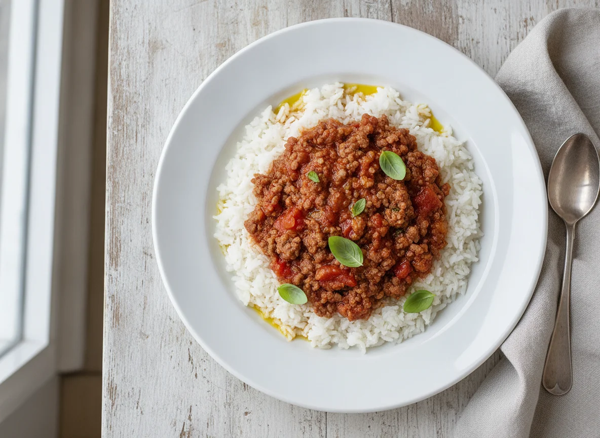 Arroz con carne picada y tomate photo