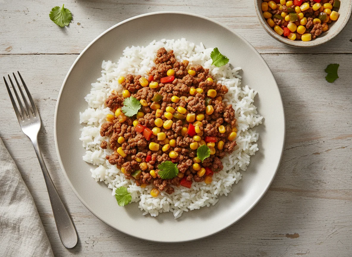 Arroz con carne picada y verduras photo