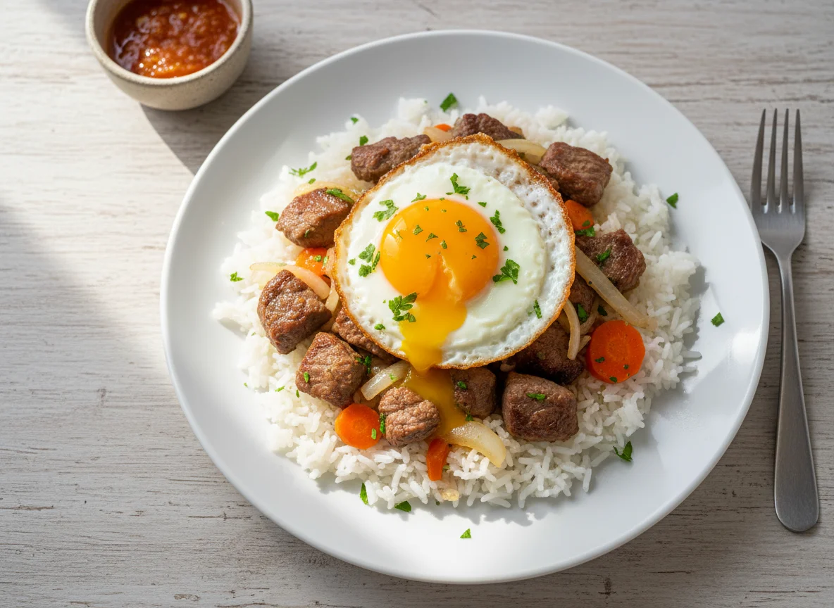 Arroz con carne salteada y huevo frito photo
