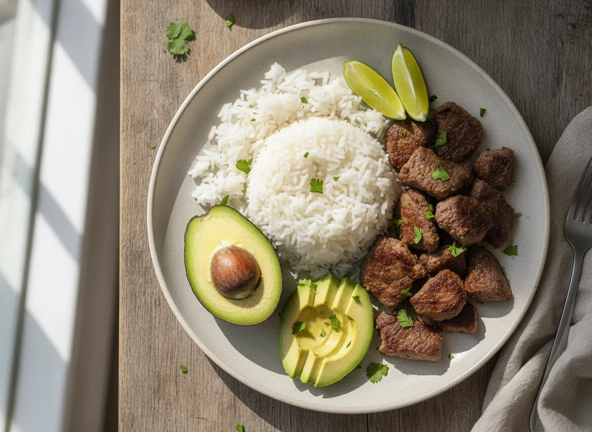 Arroz con carne y aguacate photo