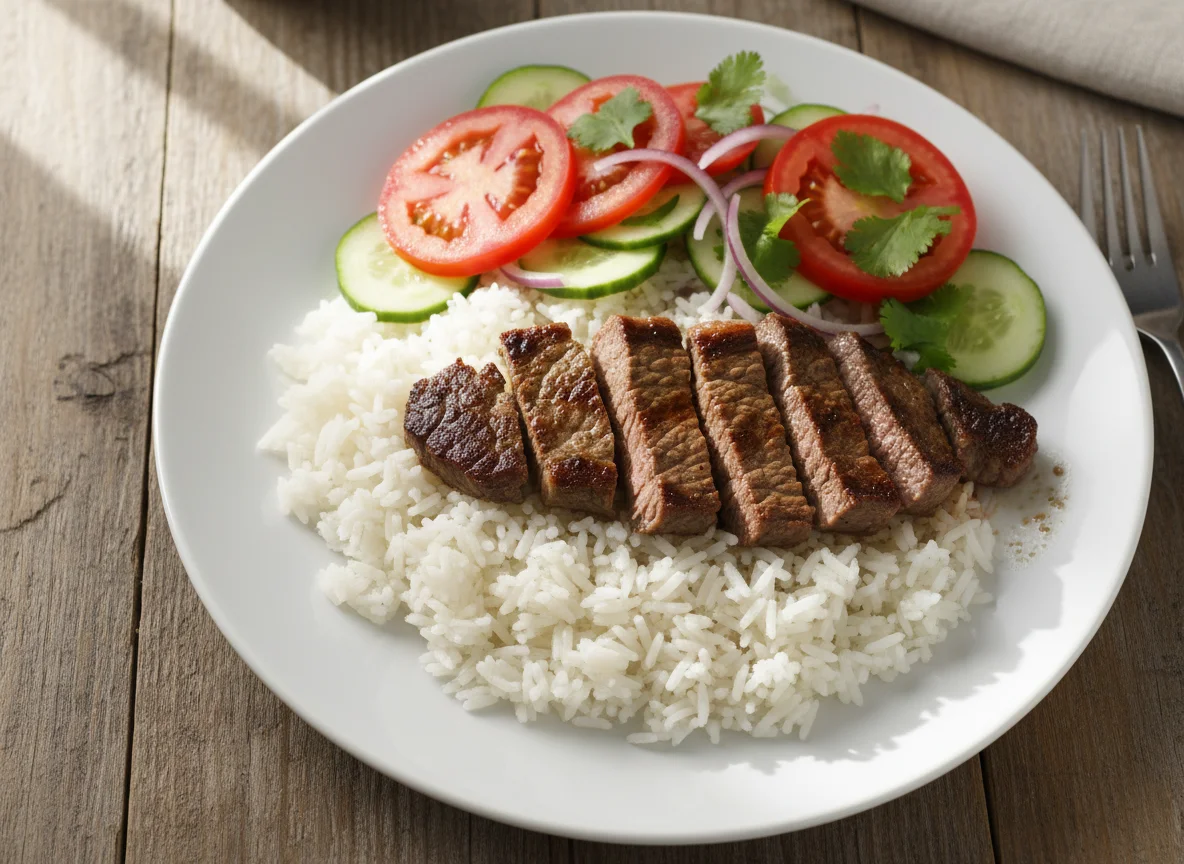Arroz con carne y ensalada photo