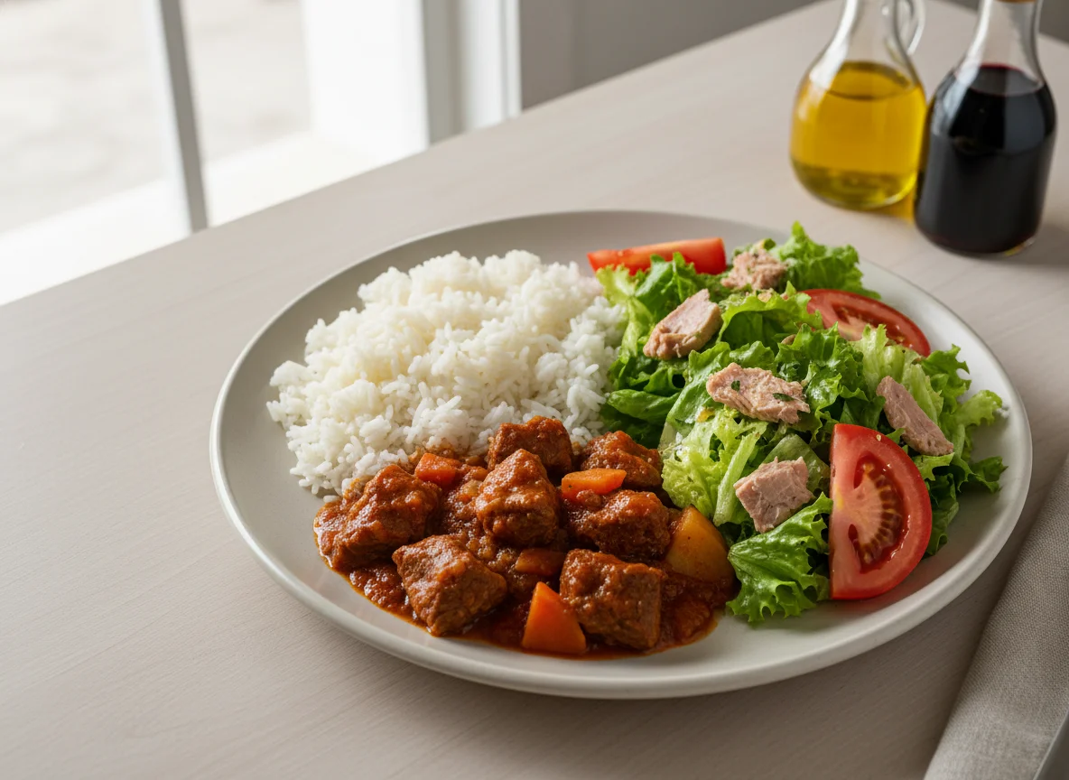 Arroz con carne y ensalada de atún photo