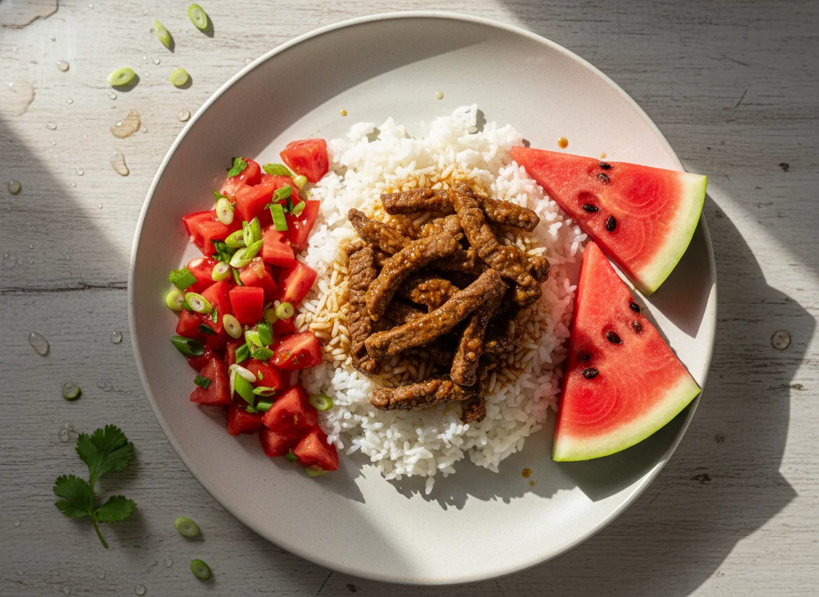 Arroz con carne y ensalada de tomate y cebolleta, con sandía photo