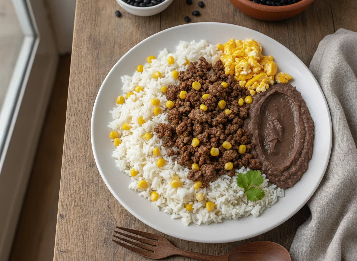 Arroz con carne y frijoles molidos photo